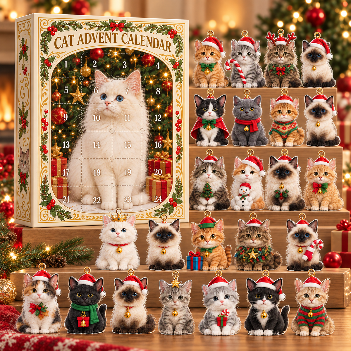 2D Acrylic Cat Advent Calendar 2026: 24 Mini Cat Figurines, Holiday Decor