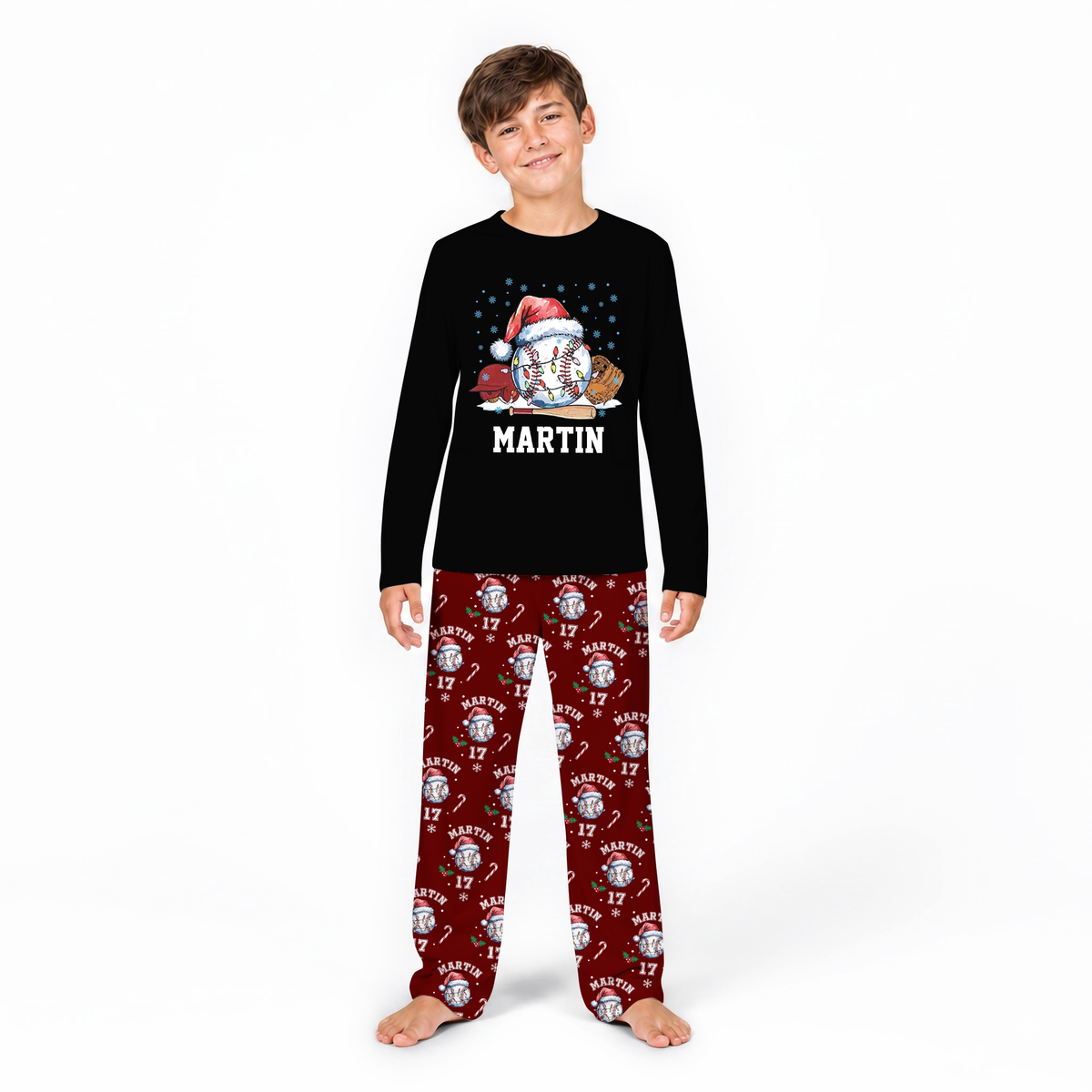Custom Name Santa Hat Baseball Santa Lights Family Matching Pajamas