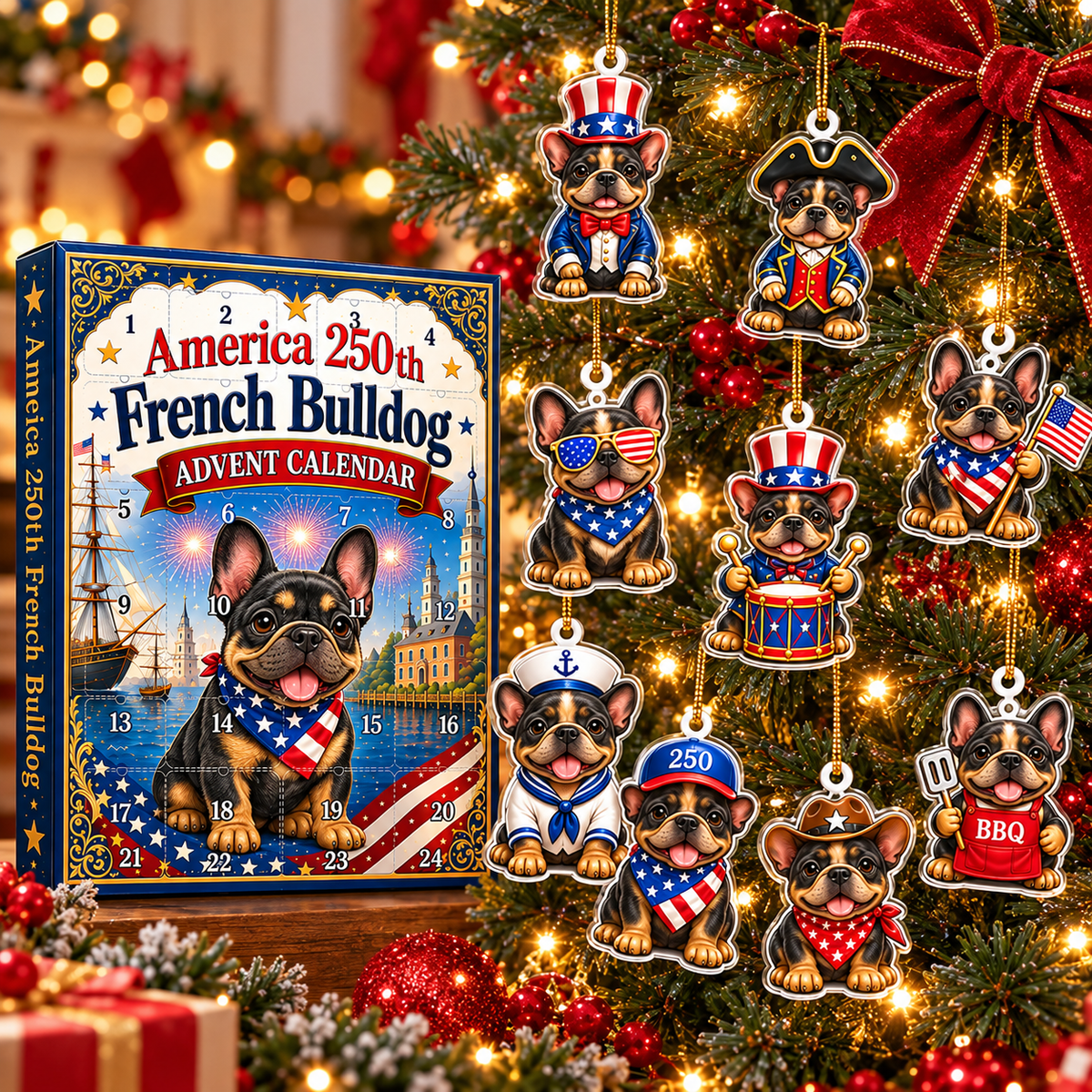 America 250th French Bulldog Advent Calendar 2026 – 24-Day Patriotic Christmas Countdown