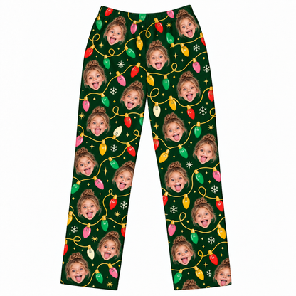 Custom Photo Christmas Lights Lounge Pants – Personalized Face Sleepwear & Pajama Pant