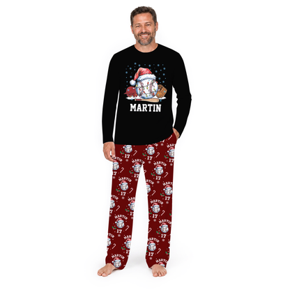 Custom Name Santa Hat Baseball Santa Lights Family Matching Pajamas