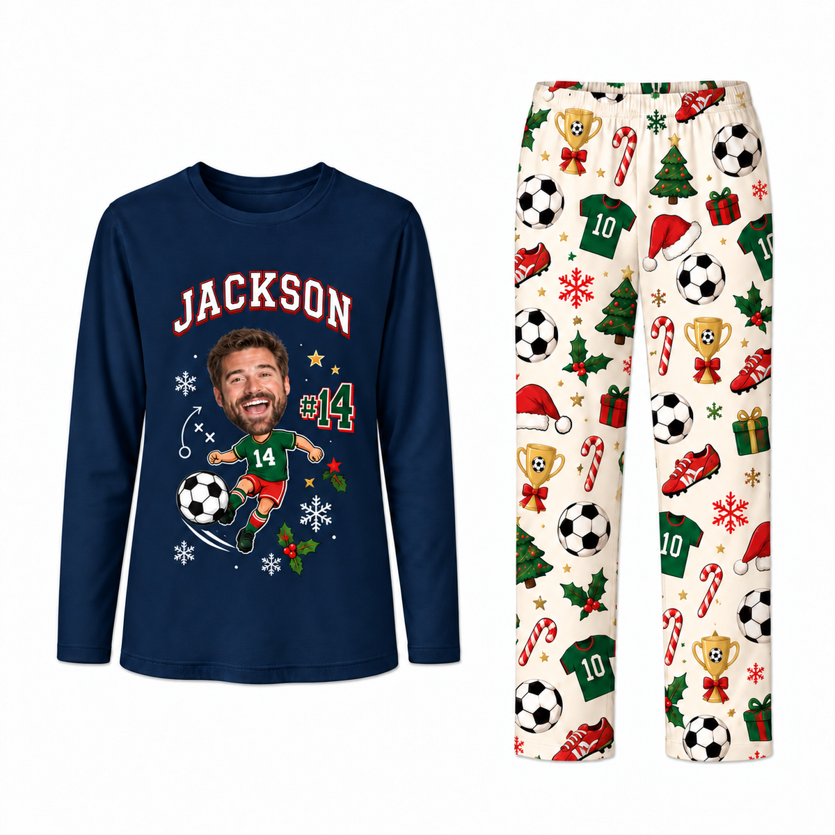 Cute Custom Face Soccer Player Matching Family Christmas Pajamas