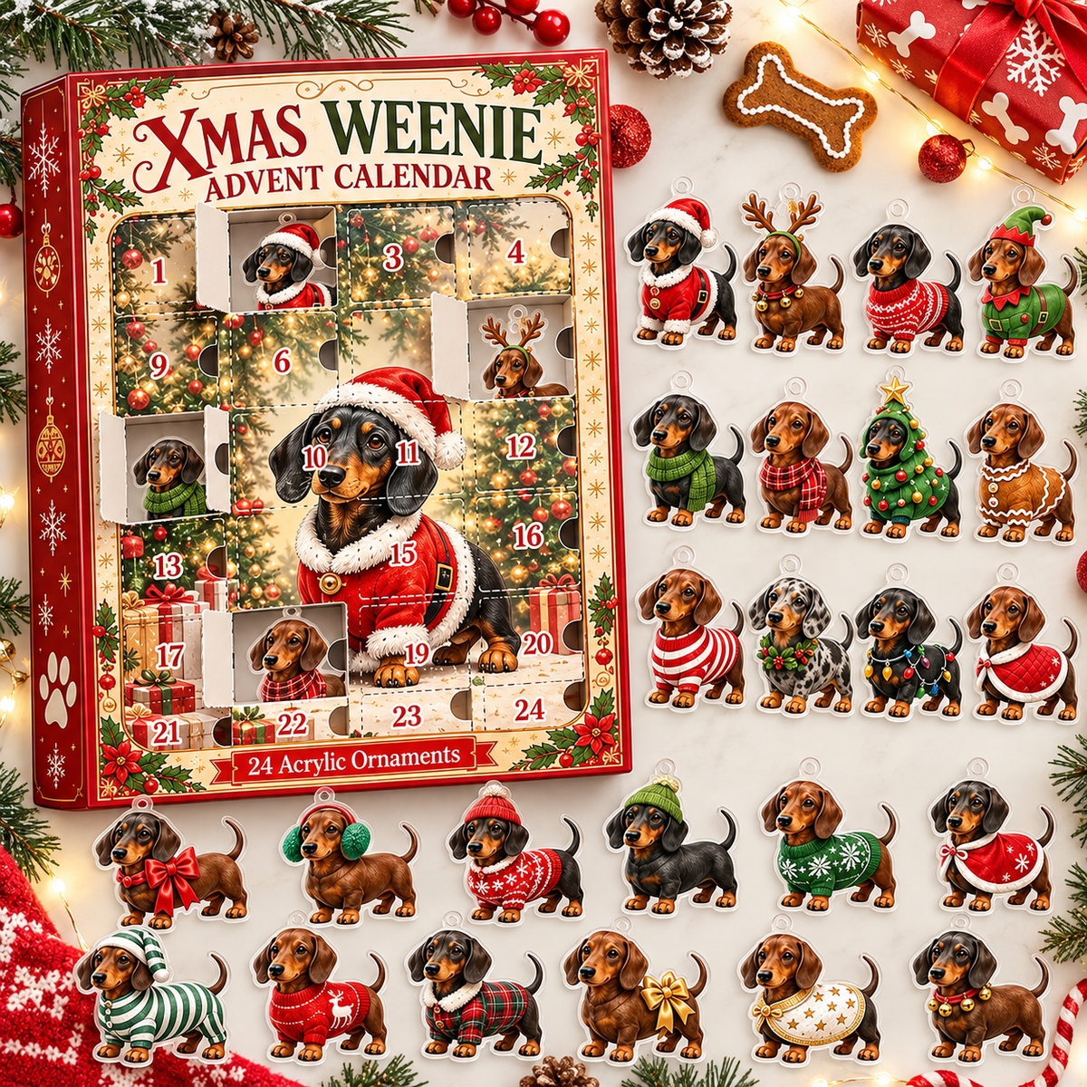 Dachshund Christmas Advent Calendar – 24 Weenie Dog Acrylic Ornaments for Dog Lovers