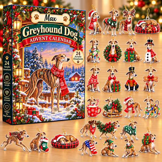 Personalized Greyhound Dog Advent Calendar 2026 – 24 Acrylic Christmas Ornaments