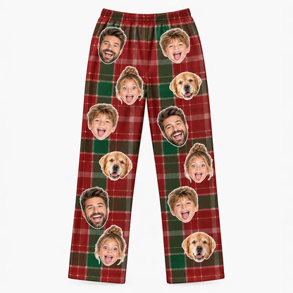 Custom Family Face Christmas Plaid Lounge Pants – Personalized Photo Pajama Pants With Pet
