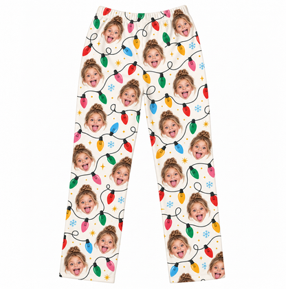 Custom Photo Christmas Lights Lounge Pants – Personalized Face Sleepwear & Pajama Pant