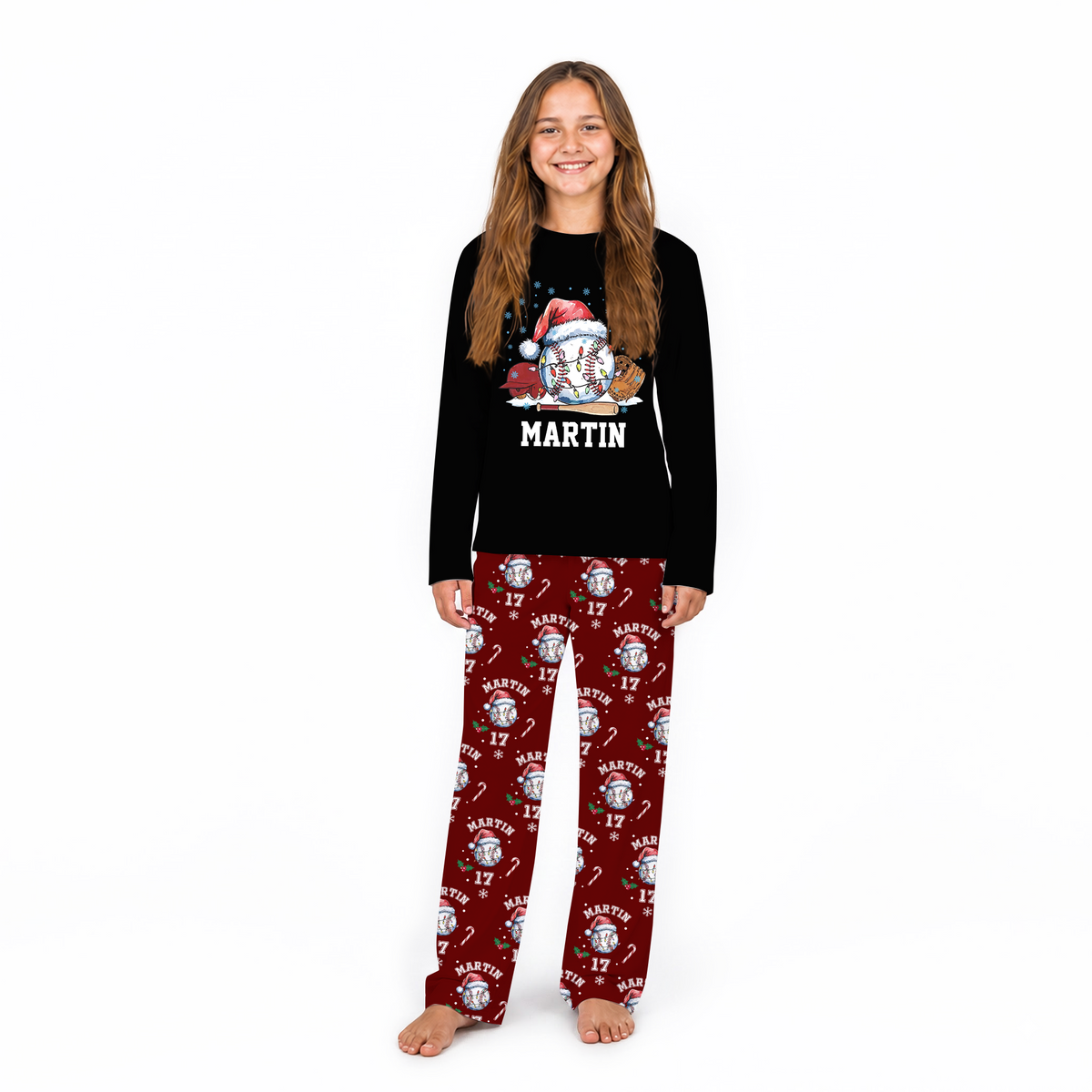 Custom Name Santa Hat Baseball Santa Lights Family Matching Pajamas