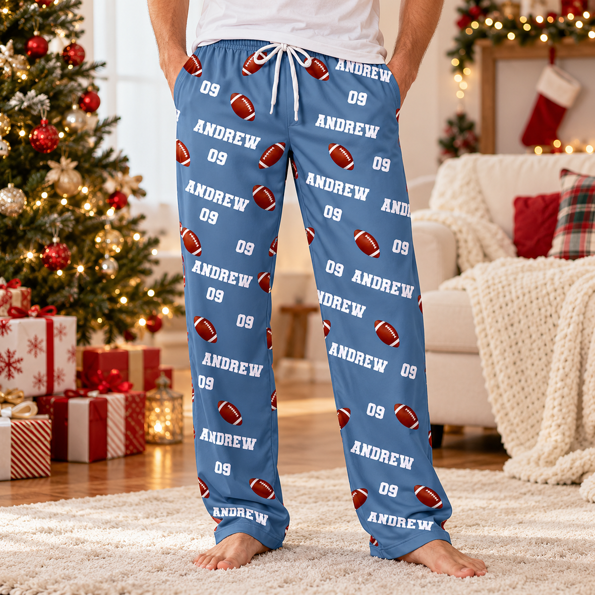 Personalized Football Christmas Pajama Pants, Custom Name & Jersey Number Lounge Pants, Football Player Gift