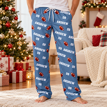 Personalized Football Christmas Pajama Pants, Custom Name & Jersey Number Lounge Pants, Football Player Gift