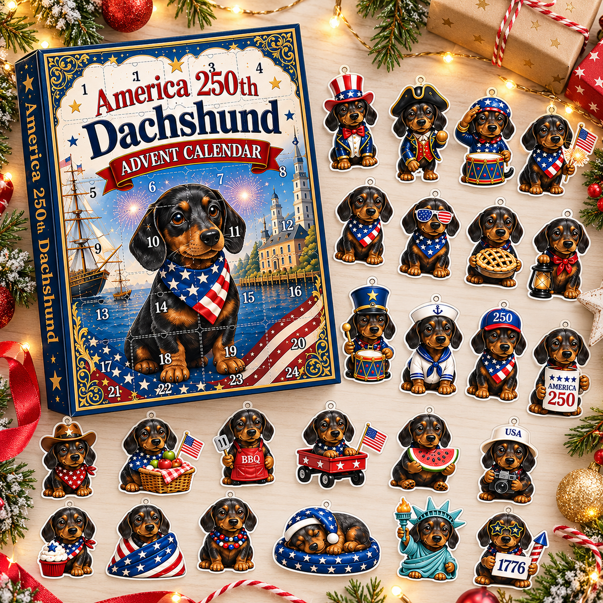America 250th Dachshund Advent Calendar, 24 Days Patriotic Dog Christmas Countdown Gift