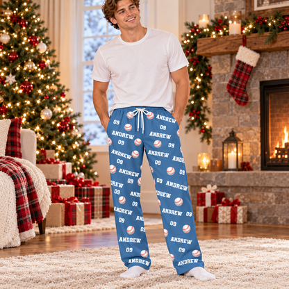 Personalized Baseball Pajama Pants – Custom Name & Number Lounge Pants, Baseball Player Gift