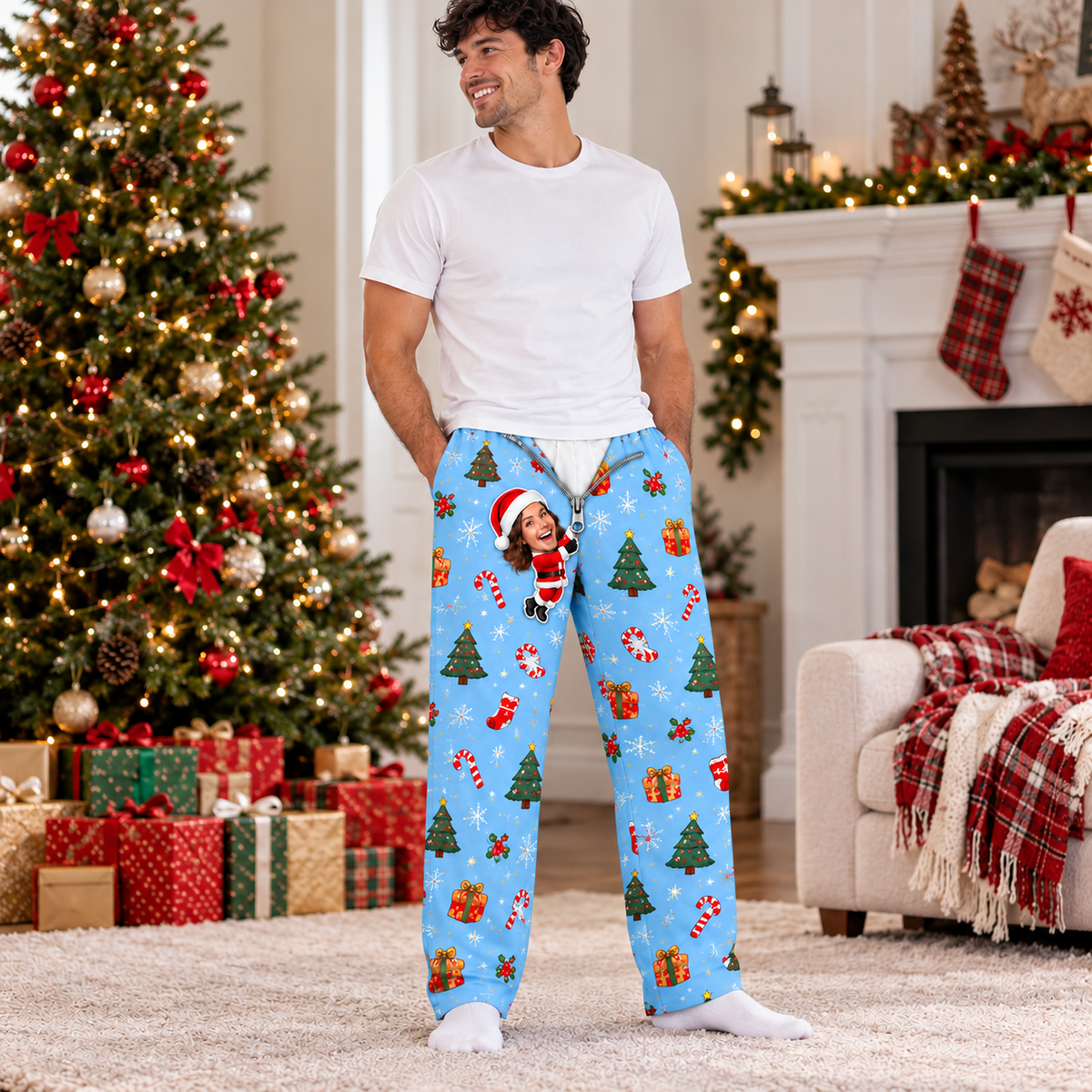 Personalized Face Christmas Pajama Pants – Custom Photo Elf Lounge Pants, Funny Matching Family Christmas Pajamas