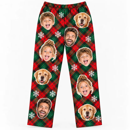 Custom Family Face Christmas Plaid Lounge Pants – Personalized Photo Pajama Pants With Pet