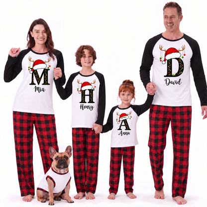 Festive Custom Initial Reindeer Family Christmas Pajamas With Pet