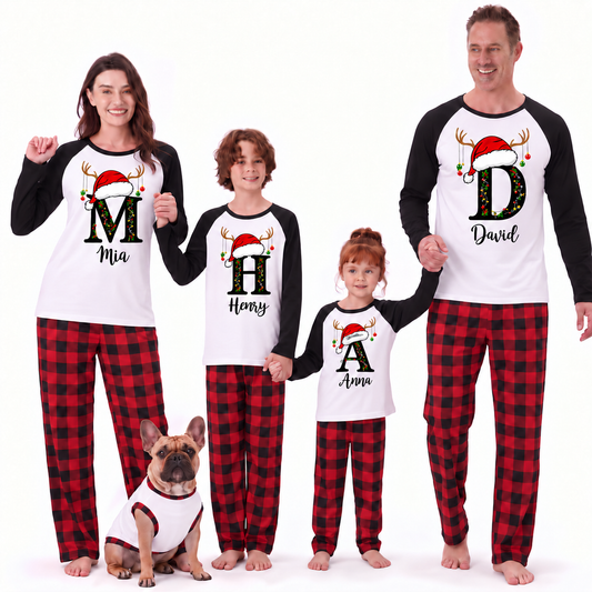 Festive Custom Initial Reindeer Family Christmas Pajamas With Pet