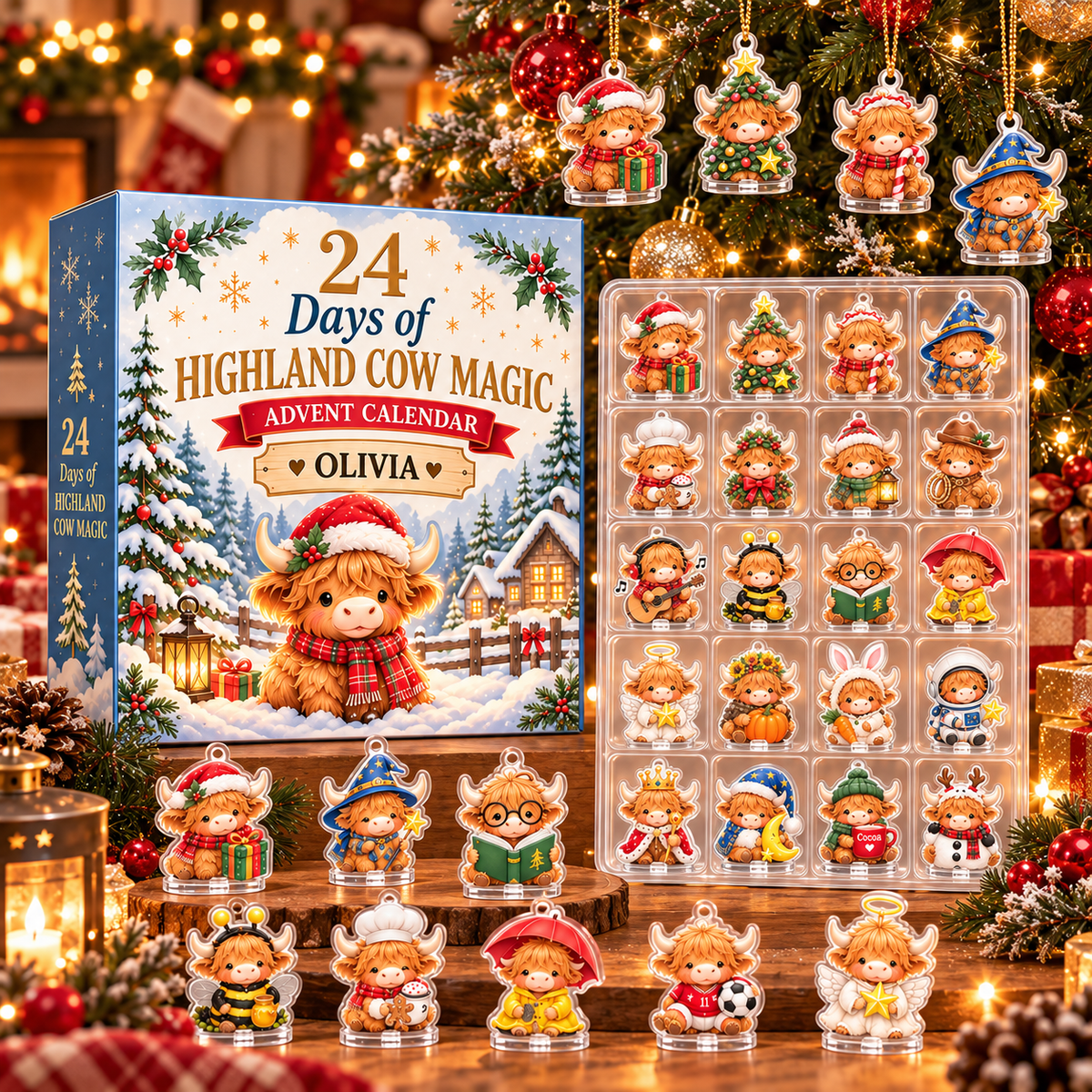 Personalized Highland Cow Magic Advent Calendar 2026 – 24-Piece 2D Acrylic Christmas Countdown