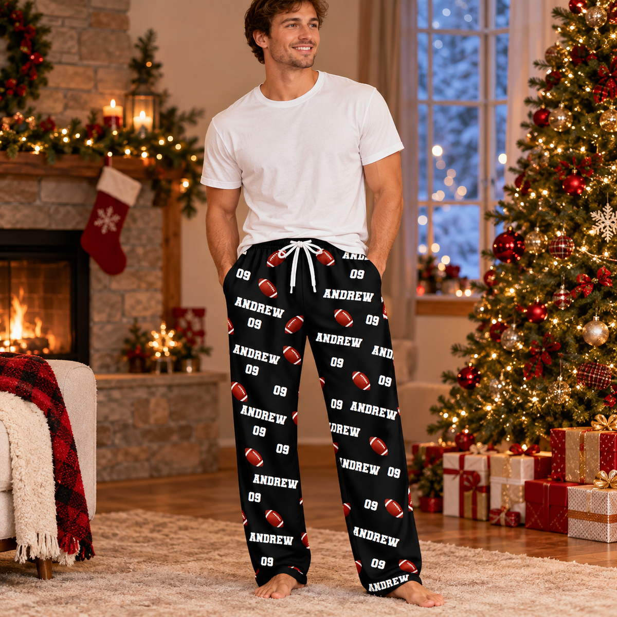 Personalized Football Christmas Pajama Pants, Custom Name & Jersey Number Lounge Pants, Football Player Gift