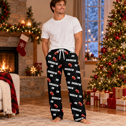 Personalized Football Christmas Pajama Pants, Custom Name & Jersey Number Lounge Pants, Football Player Gift