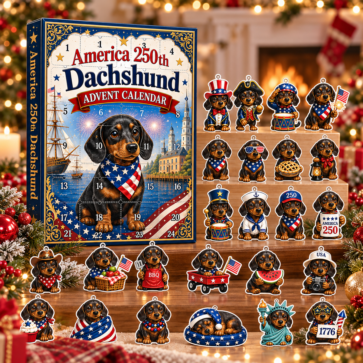 America 250th Dachshund Advent Calendar, 24 Days Patriotic Dog Christmas Countdown Gift