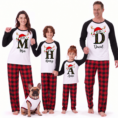 Festive Custom Initial Reindeer Family Christmas Pajamas With Pet