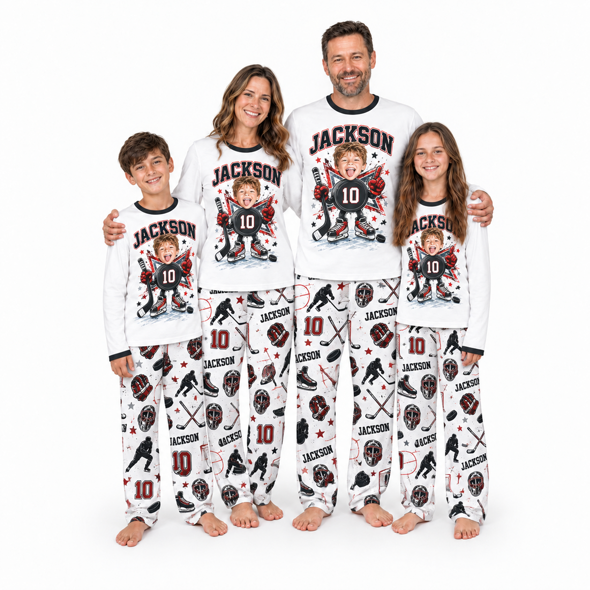 Custom Photo Name & Number Cute Hockey Player Matching Family Pajamas