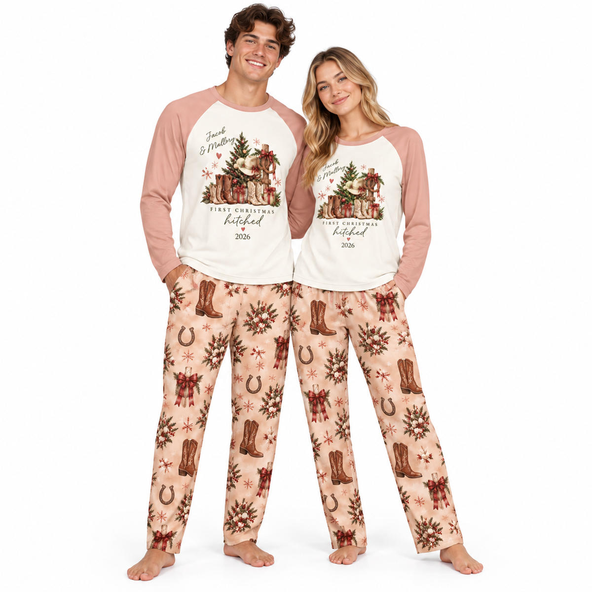 Personalized First Christmas Married Western Cowboy Couple Matching Pajamas
