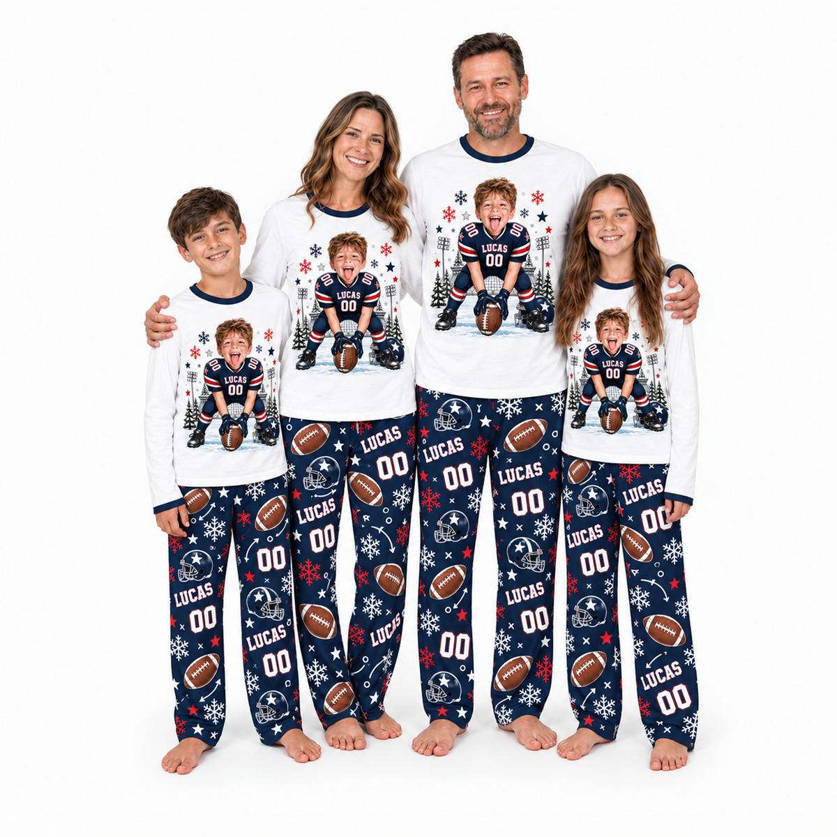 Custom Photo Name & Number Cute American Football Player Christmas Matching Family Pajamas