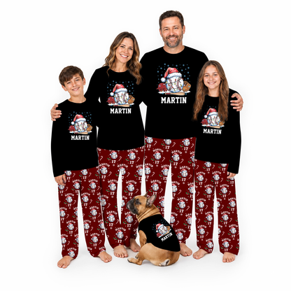 Custom Name Santa Hat Baseball Santa Lights Family Matching Pajamas