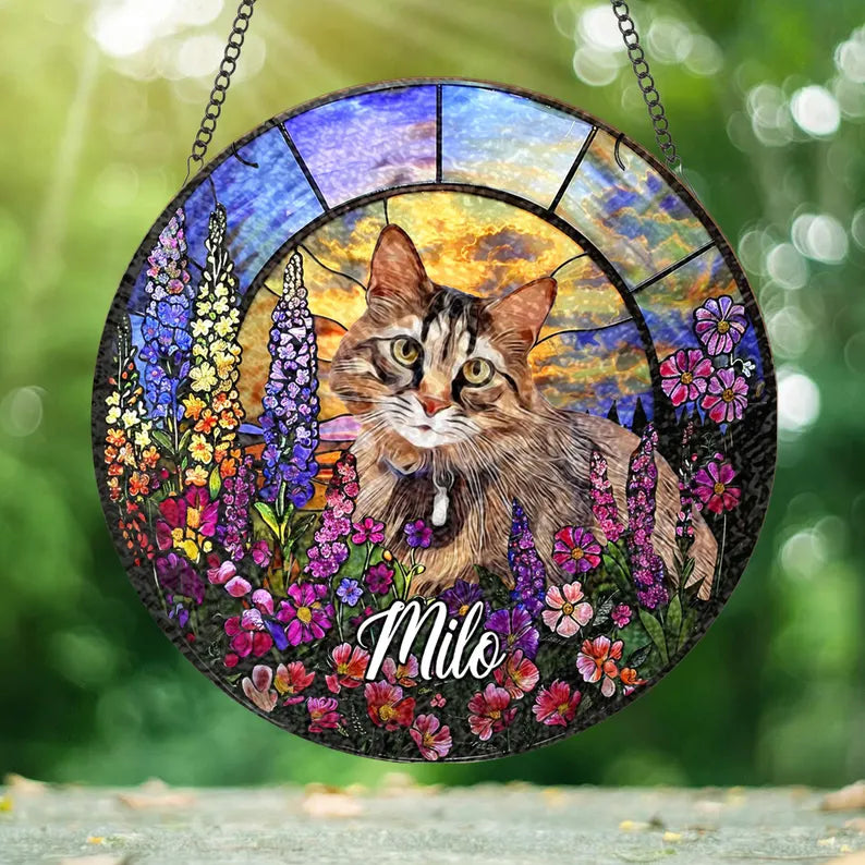 Personalized Pet Memorial Stained Glass Suncatcher – Custom Pet Portrait With Name, Pet Loss Sympathy Gift