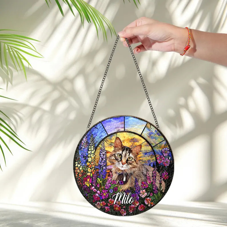 Personalized Pet Memorial Stained Glass Suncatcher – Custom Pet Portrait With Name, Pet Loss Sympathy Gift