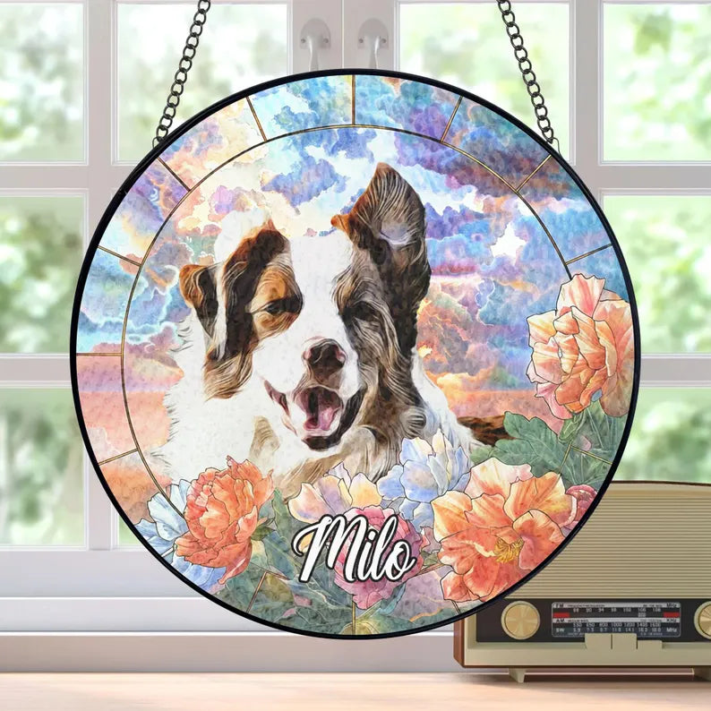 Personalized Pet Memorial Stained Glass Suncatcher – Custom Pet Portrait With Name, Pet Loss Sympathy Gift