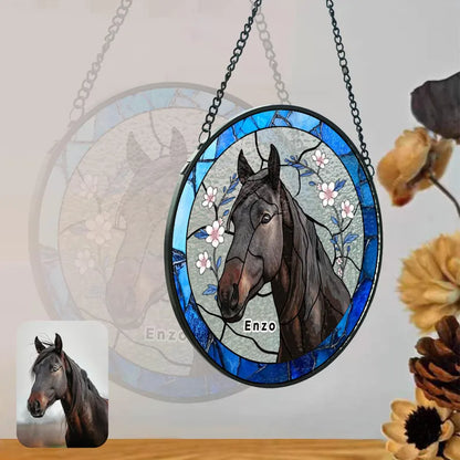 Personalized Pet Portrait Stained Glass Suncatcher – Custom Pet Memorial Window Hanging, Horse Lover Keepsake Gift