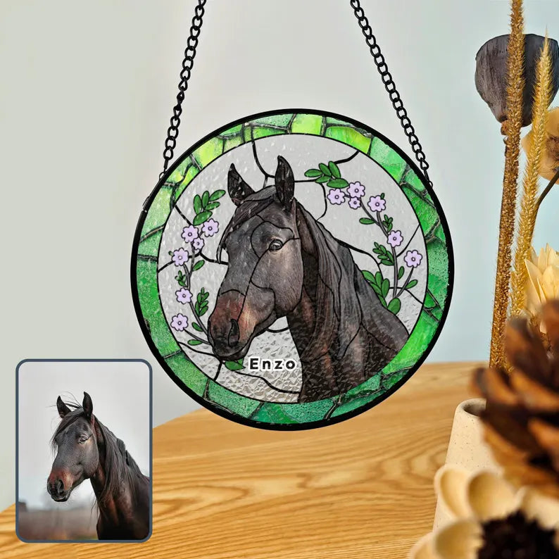 Personalized Pet Portrait Stained Glass Suncatcher – Custom Pet Memorial Window Hanging, Horse Lover Keepsake Gift