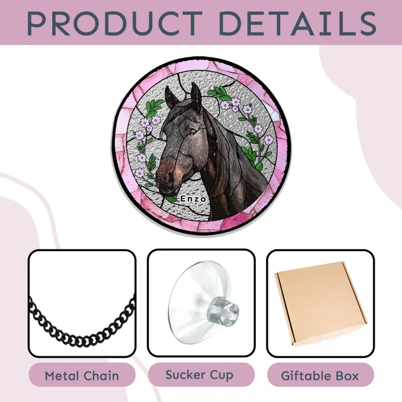 Personalized Pet Portrait Stained Glass Suncatcher – Custom Pet Memorial Window Hanging, Horse Lover Keepsake Gift