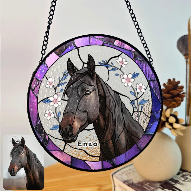 Personalized Pet Portrait Stained Glass Suncatcher – Custom Pet Memorial Window Hanging, Horse Lover Keepsake Gift