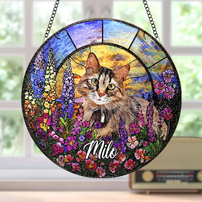 Personalized Pet Memorial Stained Glass Suncatcher – Custom Pet Portrait With Name, Pet Loss Sympathy Gift