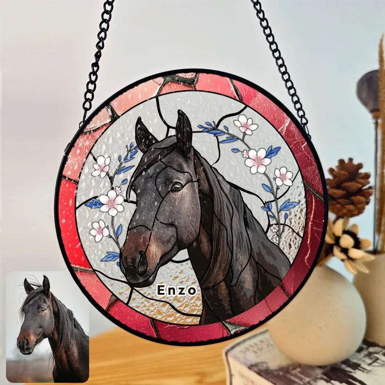 Personalized Pet Portrait Stained Glass Suncatcher – Custom Pet Memorial Window Hanging, Horse Lover Keepsake Gift