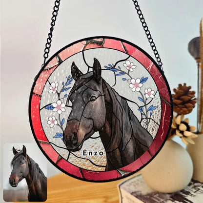 Personalized Pet Portrait Stained Glass Suncatcher – Custom Pet Memorial Window Hanging, Horse Lover Keepsake Gift