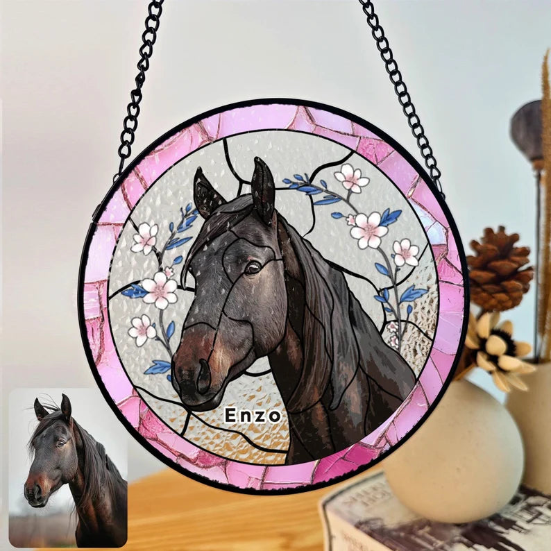Personalized Pet Portrait Stained Glass Suncatcher – Custom Pet Memorial Window Hanging, Horse Lover Keepsake Gift