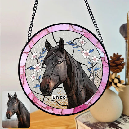 Personalized Pet Portrait Stained Glass Suncatcher – Custom Pet Memorial Window Hanging, Horse Lover Keepsake Gift