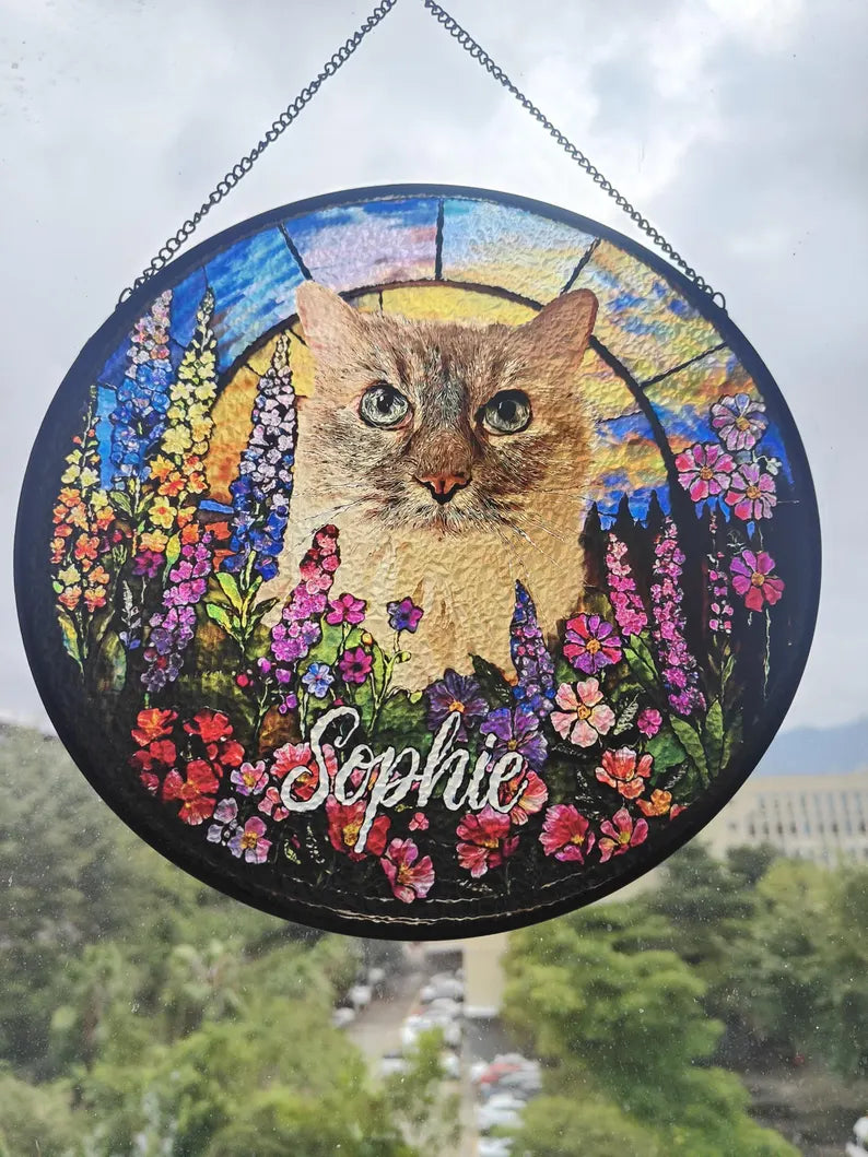 Personalized Pet Memorial Stained Glass Suncatcher – Custom Pet Portrait With Name, Pet Loss Sympathy Gift
