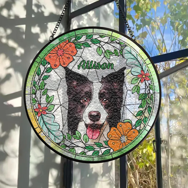 Personalized Pet Portrait Stained Glass Suncatcher – Custom Pet Photo Memorial Window Hanging, Pet Keepsake Gift
