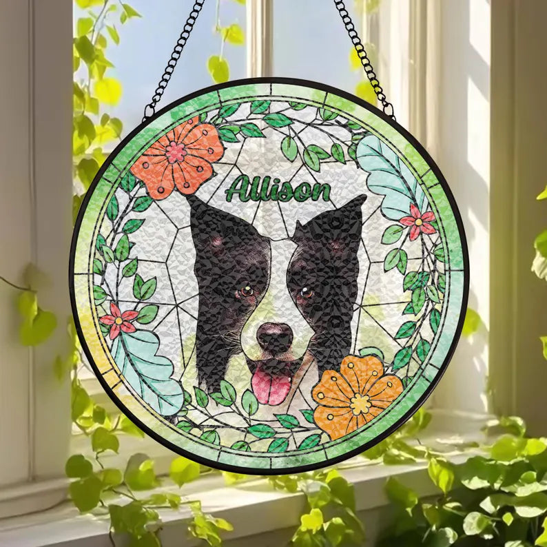 Personalized Pet Portrait Stained Glass Suncatcher – Custom Pet Photo Memorial Window Hanging, Pet Keepsake Gift