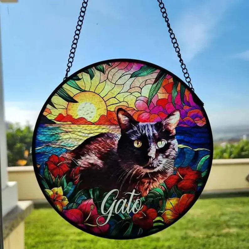 Personalized Pet Memorial Stained Glass Suncatcher – Custom Pet Portrait With Name, Pet Loss Sympathy Gift