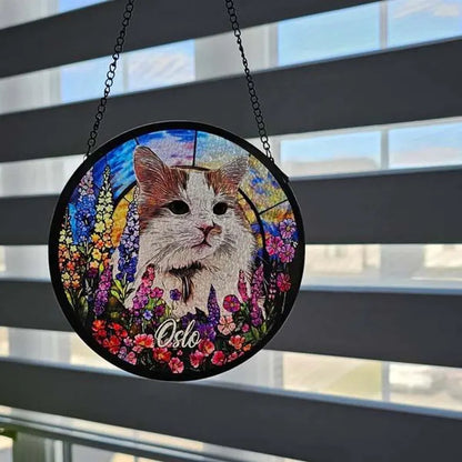 Personalized Pet Memorial Stained Glass Suncatcher – Custom Pet Portrait With Name, Pet Loss Sympathy Gift