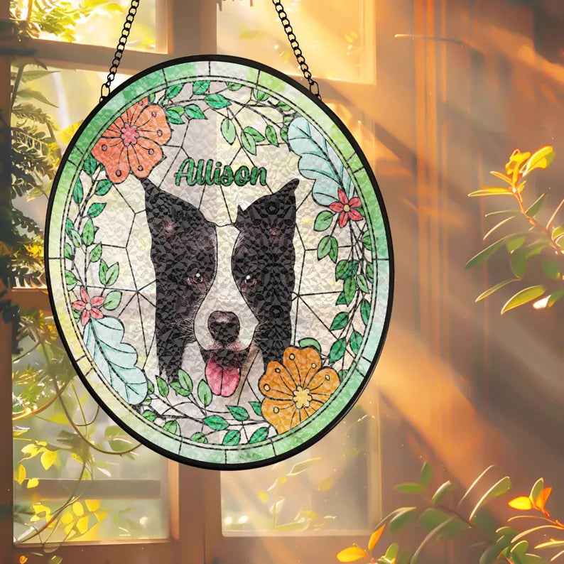 Personalized Pet Portrait Stained Glass Suncatcher – Custom Pet Photo Memorial Window Hanging, Pet Keepsake Gift