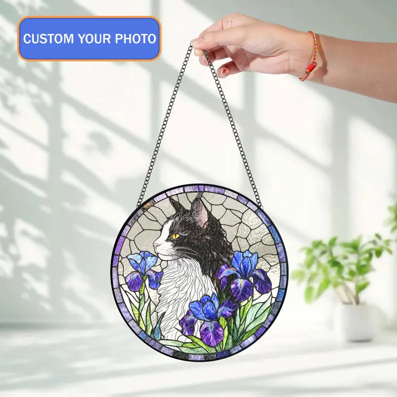 Personalized Pet Memorial Stained Glass Suncatcher – Custom Dog or Cat Portrait from Photo, Pet Loss Keepsake
