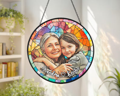 Personalized Photo Portrait Stained Glass Suncatcher – Custom Family Window Hanging, Unique Keepsake Gift for Mom & Grandma