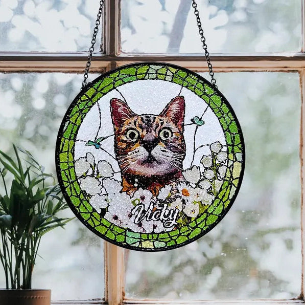 Personalized Pet Portrait Stained Glass Suncatcher – Custom Photo Pet Keepsake, Memorial Window Hanging Gift
