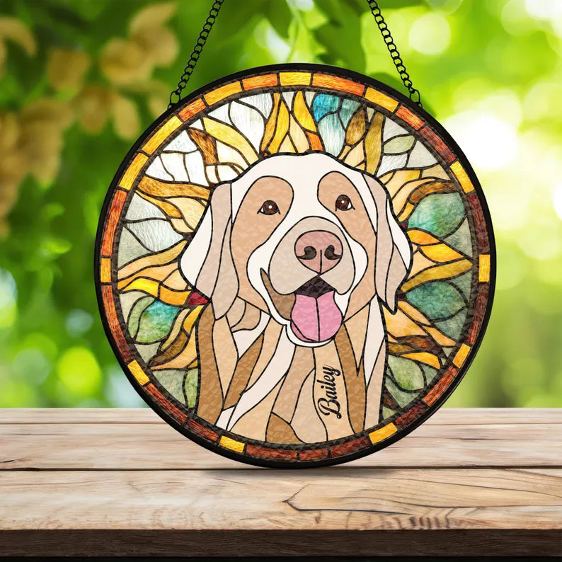 Personalized Pet Memorial Stained Glass Suncatcher – Custom Dog Portrait From Photo, Pet Loss Keepsake Window Hanging Gift
